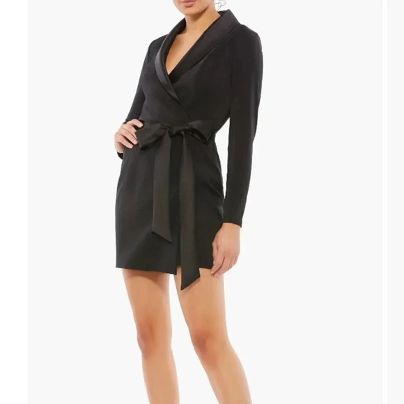 Mac Duggal Wrap Front Belted Tuxedo Mini Dress Black Size 10 - Picture 1 of 7